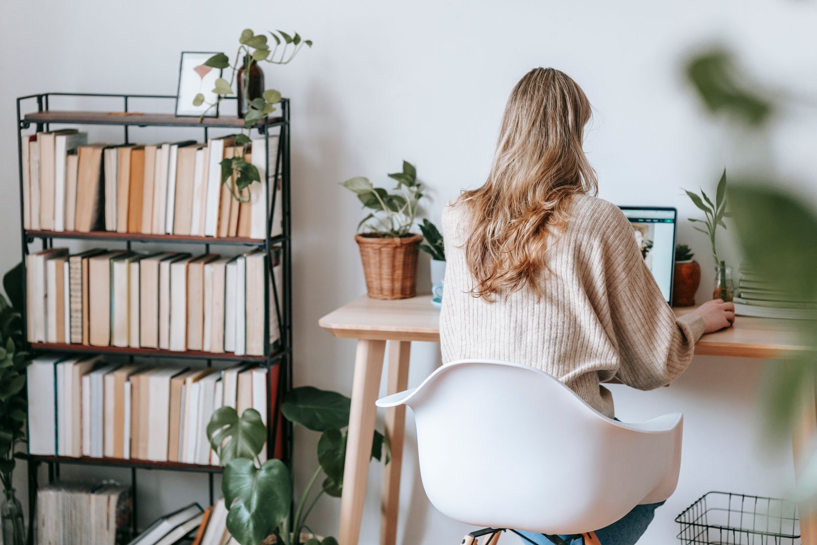 Back view of anonymous female remote worker sitting in armchair while browsing internet on netbook against bookshelves in house on light background